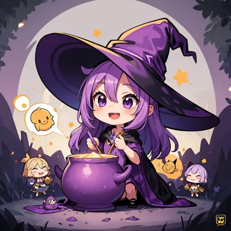 ((masterpiece, best quality)),
(chibi),witch, CAULDRON, cute, happy, vibrant, colorful, ((purple smokes and particles ):1.2), ,  <lora:COOLKIDS_MERGE_V2.5_2:0.5> <lora:more_details:0.25>