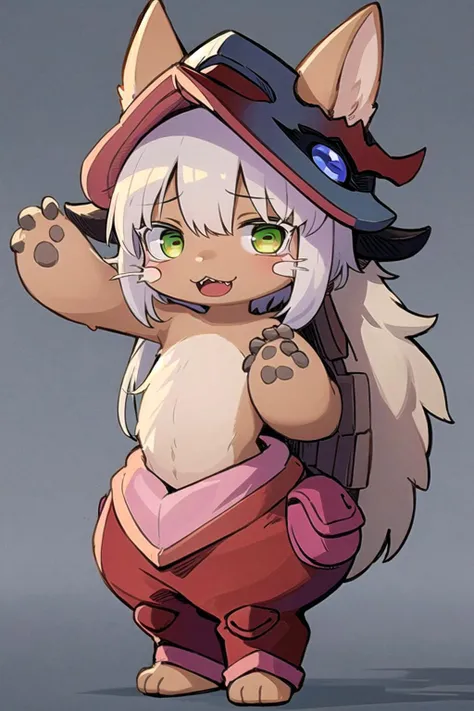 masterpiece, best quality, ultra-detailed, illustration, epic lighting, cinematic composition, isometric, 1girl, cute, chibi, (furry, furry female, fluffy:1.2), long gray hair, bangs, sidelocks, green eyes, :3, fangs, nanachipants, nanachihat, standing, lo...