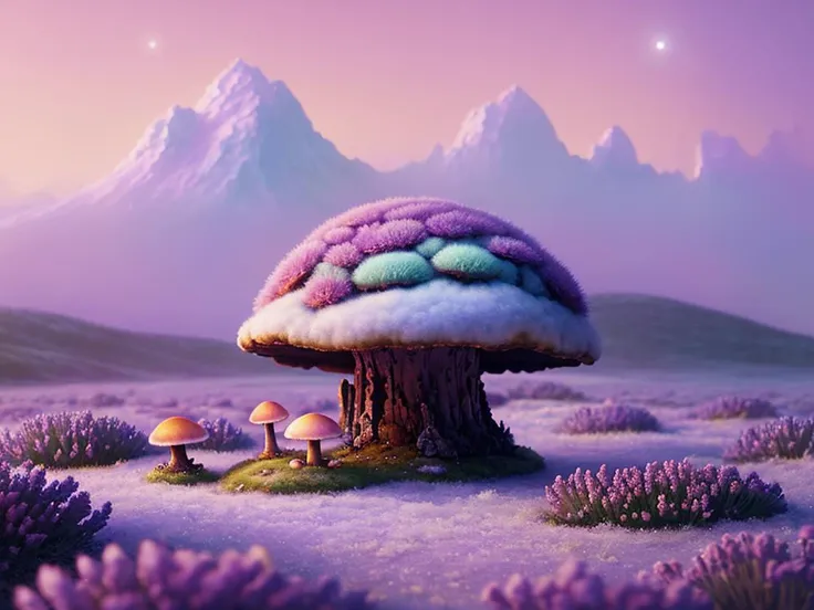 oil painting of a cosy vintage tiny cute fungi, on a icy planet, in a. lavender haze, octane render by weta digital, exotic colo...