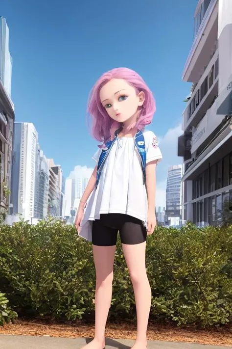 1girl, bkshrt, child, , , standing, city <lora:bike_shorts_wo_bike:1>