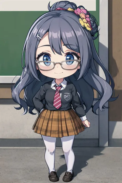 absurdres, high detail, uhd, comiket, crowd, tile_road,
standing, holding board, sign board, smile,
solo, (chibi:1.2), marian, forehead, black-framed eyewear,  school uniform, hair ornament, white shirt, collared shirt, red necktie, striped necktie, long s...