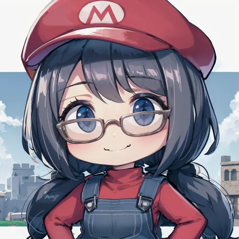 absurdres, high detail, uhd, outdoors, sky,
dashing, smile, 
(chibi:1.2), marian, black-framed eyewear, fake mustache, mario hat, red shirt, long sleeves, overalls,
<lora:MGCM-marianne-t1-000100:0.7>