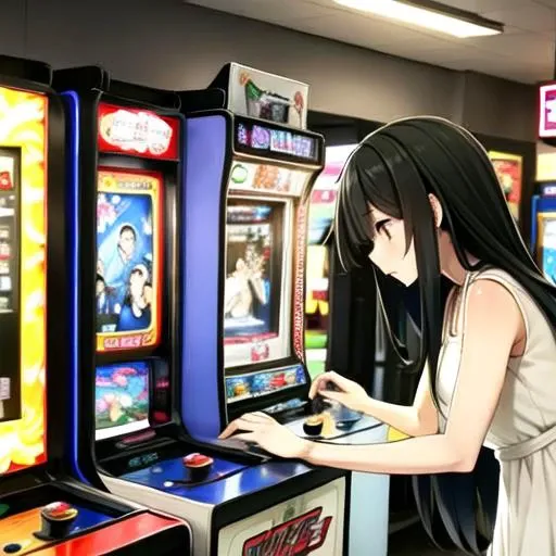 masterpiece, best quality,ultra-detailed,  sadako_yamamura,  <lora:Sadakobest:0.3>, whitedress,   <lora:arcade_V8:0.6>, arcade, playing arcade machine,