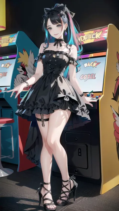 a close up of a person in a dress standing in front of a game machine