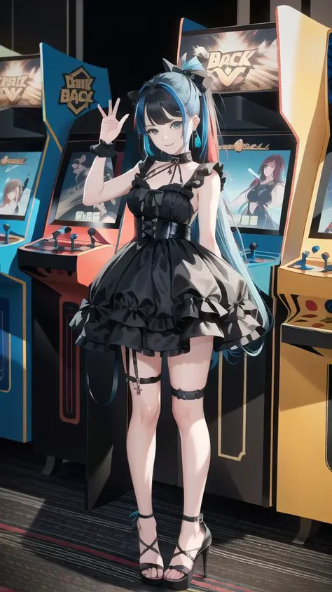 a woman in a black dress standing next to a game machine