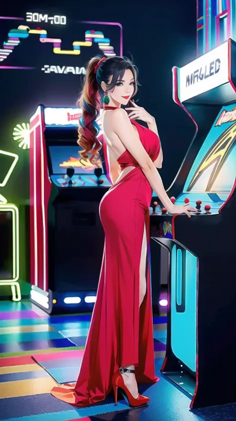 a woman in a red dress standing next to a video game