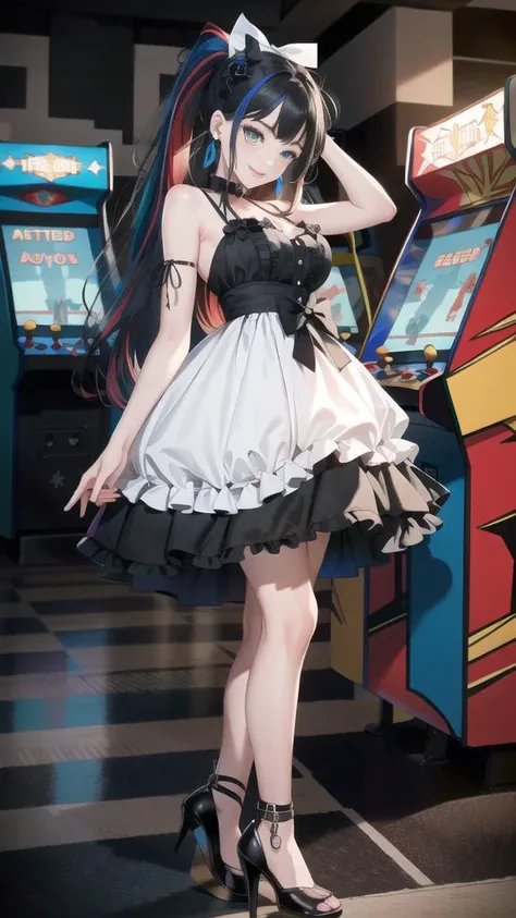 a close up of a woman in a dress and heels standing in front of a game machine