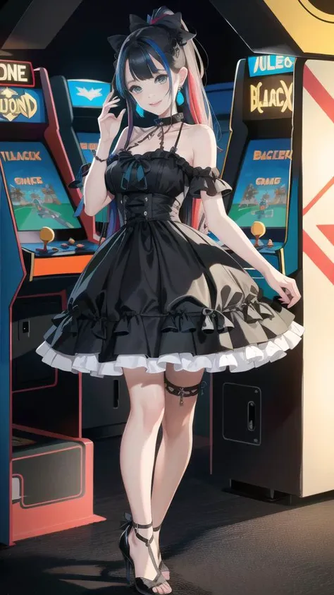 a close up of a woman in a dress standing in front of a game machine