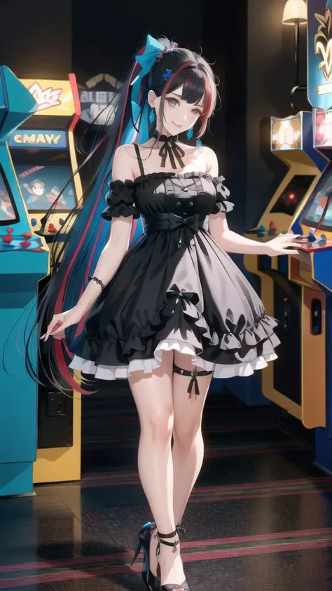 arafed woman in a black and white dress standing in front of a game machine