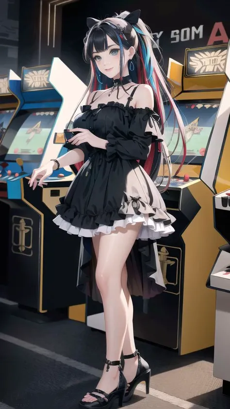 a woman in a black and white dress standing next to a game machine