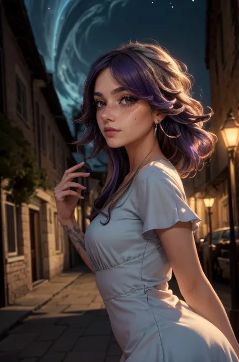 a woman with purple hair and a dress standing in a street