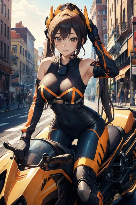 a woman in a black and orange outfit sitting on a motorcycle