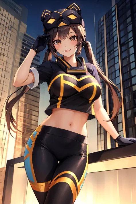 a woman in a black and yellow outfit standing on a ledge