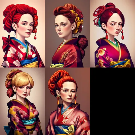 a group of four pictures of a woman with red hair