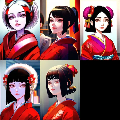 four different pictures of a woman in a kimono outfit