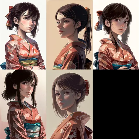 a series of four pictures of a woman in a kimono