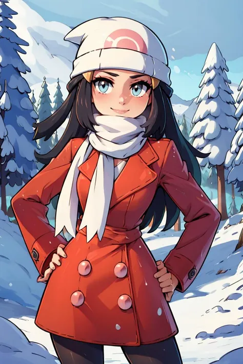 a woman in a red coat and white hat standing in the snow