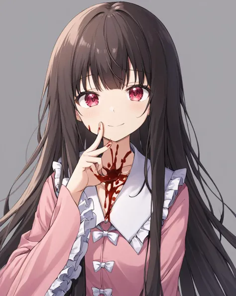 anime girl with long black hair and pink eyes holding a finger to her mouth