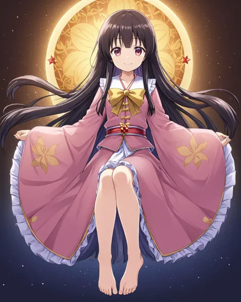 a woman in a pink dress sitting on a moon with long hair