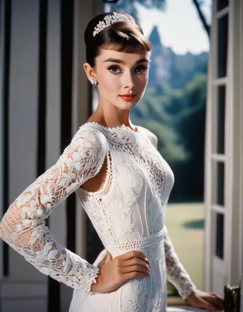 (masterpiece, best quality, hyper realistic, raw photo, ultra detailed, extremely detailed, intricately detailed), (photorealistic:1.4), (photography of Audrey Hepburn wearing a fashionable Crochet lace boho maxi dress with open back, designed by Hubert de...