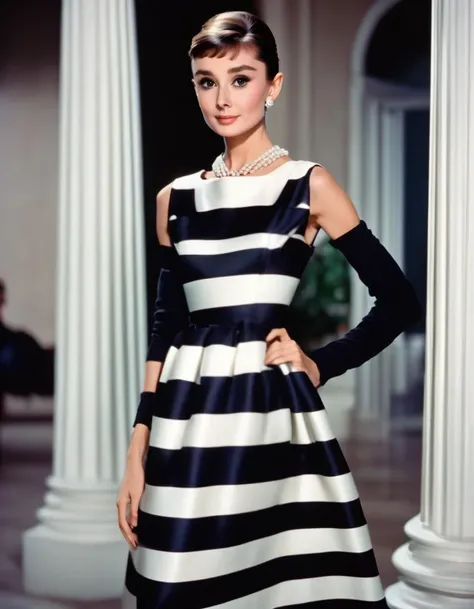 (masterpiece, best quality, hyper realistic, raw photo, ultra detailed, extremely detailed, intricately detailed), (photorealistic:1.4), (photography of Audrey Hepburn wearing a fashionable Striped maxi dress with side slits, designed by Hubert de Givenchy...