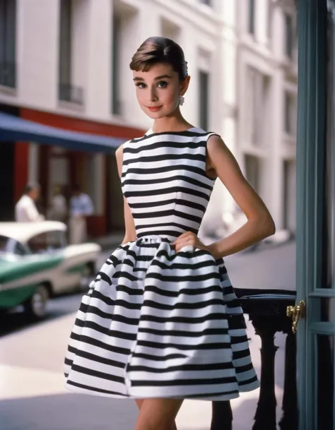 (masterpiece, best quality, hyper realistic, raw photo, ultra detailed, extremely detailed, intricately detailed), (photorealistic:1.4), (photography of Audrey Hepburn wearing a fashionable Striped sundress, designed by Hubert de Givenchy), (smile), fairy,...