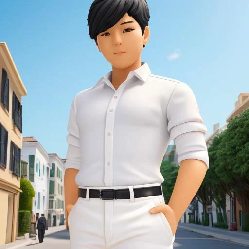 man<lora:lego_70steps: -7>, 8k, 4k, in a street, upper body, detailed background, white shirt, black pants