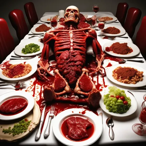 arafed skeleton sitting on a table with a lot of food