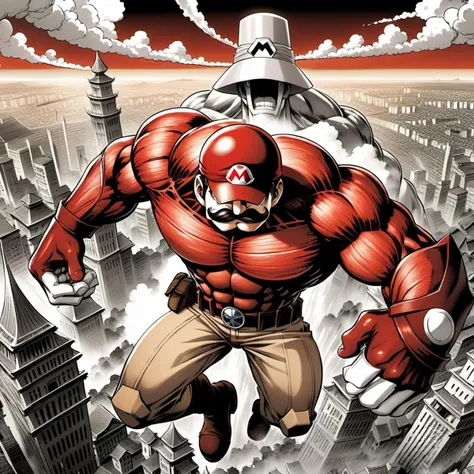 [colossus titan | Super Mario] destroying a city, wearing Marios hat, moustaches , attack on titan manga, hyper-detailed manga masterpiece