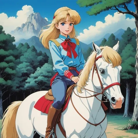 anime girl riding a horse in a forest with a mountain in the background