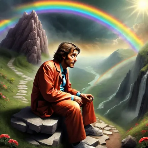 a painting of a man sitting on a rock with a rainbow in the background