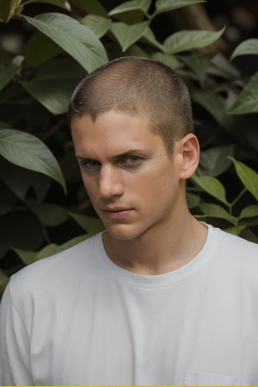 portrait, w3nm1l, handsome, upper body, buzz cut, stunning eyes, facial focus, in white shirt under an orange prison uniform, standing in a jungle paradise, serious, intense expression