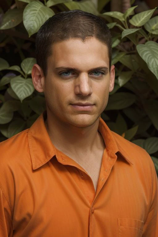 portrait, w3nm1l, handsome, upper body, stunning eyes, facial focus, in an orange prison uniform, standing in a jungle paradise, serious, intense expression