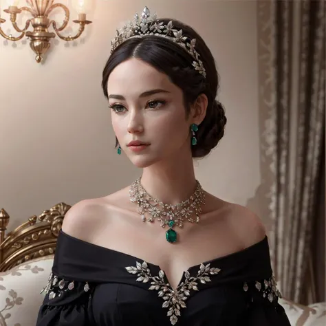 Anne Boleyn, (detailed:1.2) (bib necklace:1.2), formal off-the-shoulder wear, textured satin, glamour, emerald parure, wearing parure jewelery, large full shapely bust, pixel density, HDR, color accuracy, deep color, wide color gamut, 10-bit color, retina ...