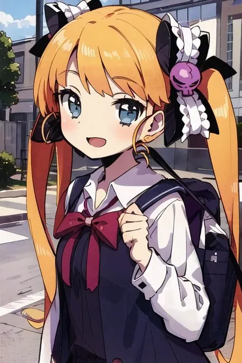 <lora:(criminal girls) kisaragi:0.7>, masterpiece, best quality, (ultra-detail:1.1), 1girl, solo,  kisaragi, twintails, school uniform, school bag, open mouth,  long hair, skull hair ornament, ribbon, looking at viewer,  happy, smile,  <lora:more_details:0...