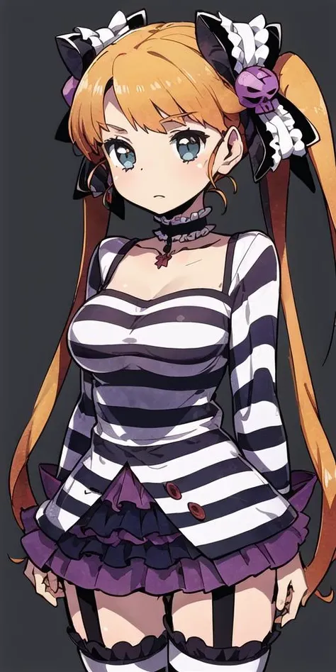 <lora:(criminal girls) kisaragi:0.7>, masterpiece, best quality, (ultra-detail:1.1), 1girl, solo,  kisaragi, twintails, long hair,   skull hair ornament, striped,  striped thighhighs, skirt, garter straps, ribbon, choker, breasts,   <lora:more_details:0.2>...