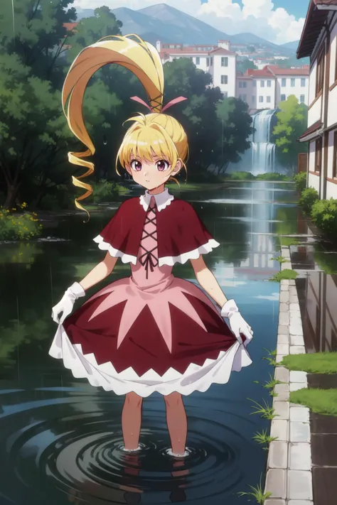 (masterpiece, best quality),  intricate details,
1girl,     <lora:BiscuitV1:0.8> biskywz, tiny girl, blonde hair, ponytail, long hair, hair ribbon,red dress, bobby socks, capelet, white gloves, purple eyes, 
rain, outdoors, street, flooding, water, flowing...