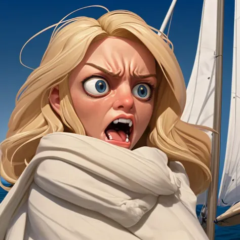 blonde woman wrapped in a blanket, looking enraged on a sailboat