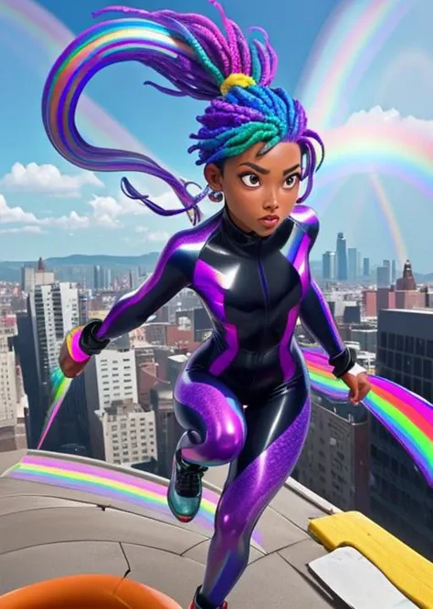 a woman in a black and purple suit is flying over a city