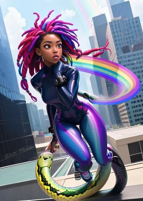 full shot, action scene, dynamic perspective, shy dark skinned woman with short (multicolored:1.3) dreadlocks, wearing an iridescent (rainbow:1.3) (snake scale:1.1) body suit, iridescent rainbow colors, on city rooftop