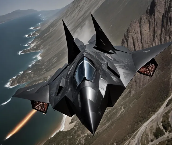 arafed fighter jet flying over a mountain with a rocket in the sky