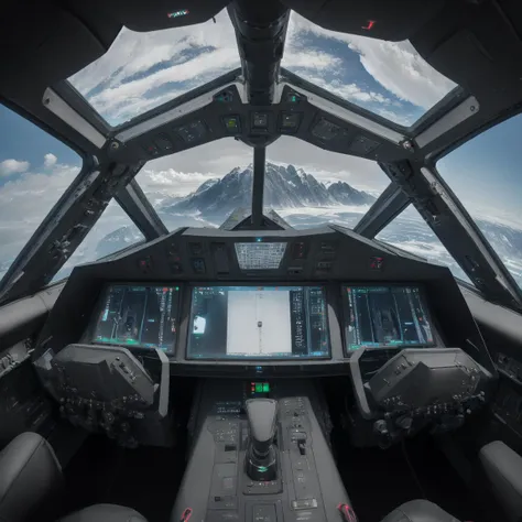 a view of the cockpit of a plane with a mountain in the background