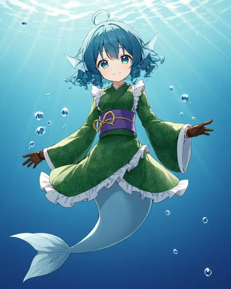 a girl in a green dress is floating in the water