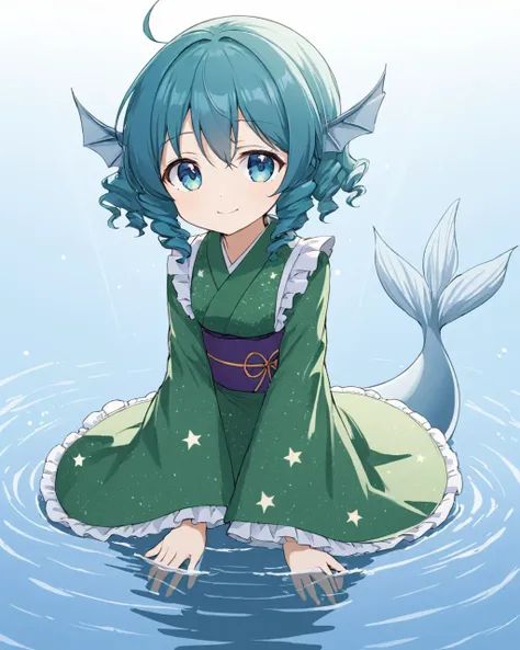 anime girl sitting in water with fish tail