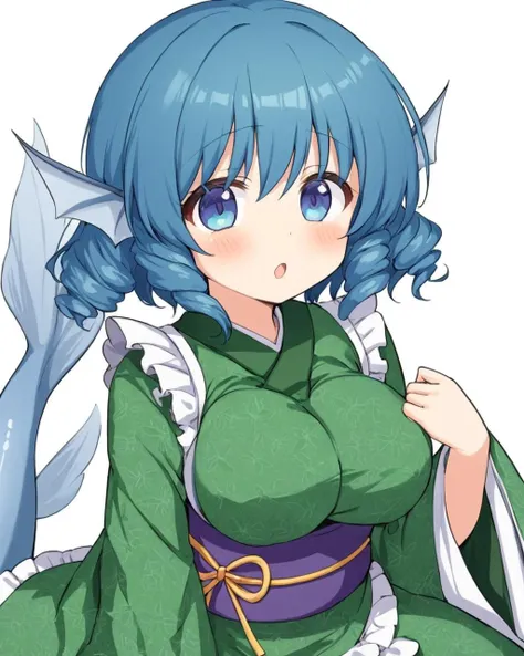 a close up of a person in a green dress with blue hair