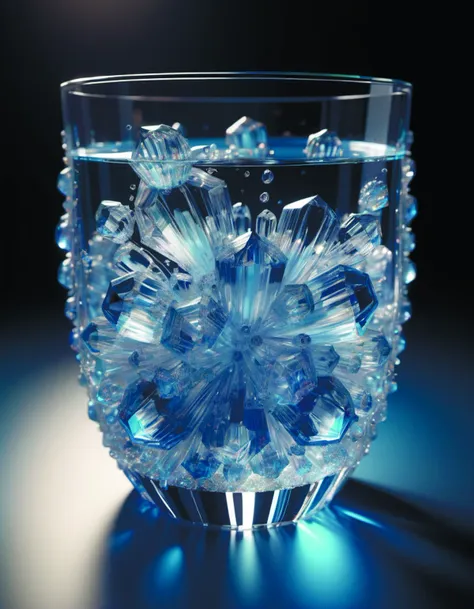 there is a glass of water with a blue crystal inside