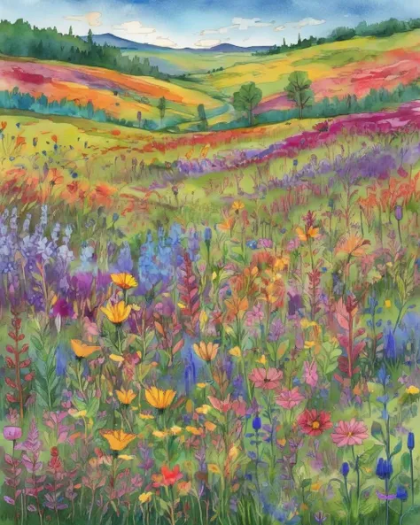 A field of vibrant wildflowers stretches to the horizon, a testament to the beauty and resilience of natures creations, the colors and blooms dancing in the wind: wildflower meadow:0.9, vibrant colors:0.8, natural beauty:0.7, winds embrace:0.6., a storyboo...