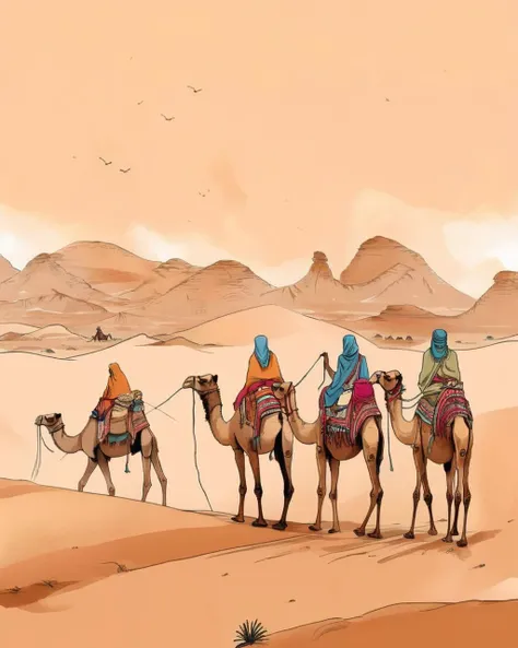 A nomadic tribe traverses a vast desert, their camels laden with supplies, a sense of resilience and adaptability ingrained in their way of life: desert nomads:0.9, camel caravan:0.8, nomadic spirit:0.7, adaptive journey:0.6., a storybook illustration :1.7...