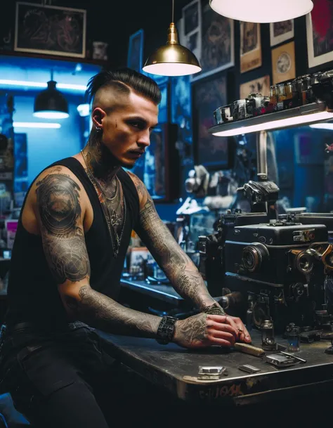 a man with tattoos sitting at a table in a tattoo shop