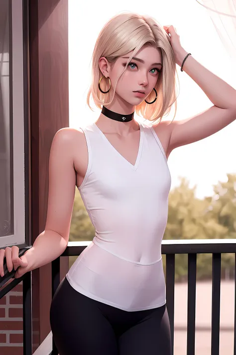 blond woman in white top and black pants posing on balcony